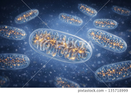 粒線體能量產生示意圖。一幅精彩的ATP合成科學插圖。 135718999