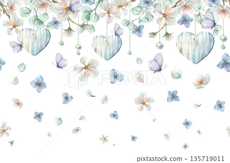 Hanging wooden hearts and beads among apple blossoms and hydrangea with butterflies and eucalyptus. Hand-painted watercolor illustration. Seamless border pattern for spring weddings, holiday designs. 135719011