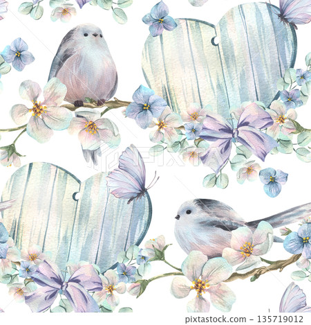 Titmouses and wooden hearts with blossoming apple branches and lilac bows. Hand-drawn watercolor illustration. Seamless pattern for spring holiday and wedding designs. Titmouses and wooden hearts with blossoming apple branches and lilac bows. Hand-drawn watercolor illustration. Seamless pattern for spring holiday and wedding designs. 135719012