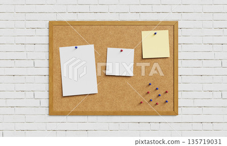 Cork Board with Pushpins and Blank Paper Mock up. 3D Rendering. 135719031