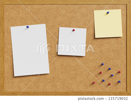 Cork Board with Pushpins and Blank Paper Mock up. 3D Rendering. Cork Board with Pushpins and Blank Paper Mock up. 3D Rendering. 135719032