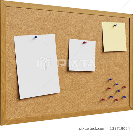 Cork Board with Pushpins and Blank Paper Mock up. 3D Rendering. 135719034