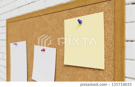 Cork Board with Pushpins and Blank Paper Mock up. 3D Rendering. Cork Board with Pushpins and Blank Paper Mock up. 3D Rendering. 135719035