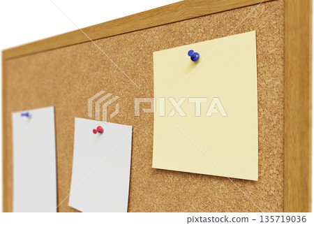 Cork Board with Pushpins and Blank Paper Mock up. 3D Rendering. 135719036