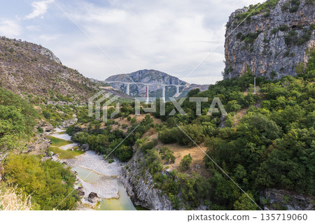 Moraca river canyon landscape with Moracica bridge Moraca river canyon landscape with Moracica bridge 135719060