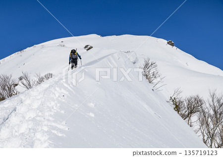 Climbers climbing the Tenjin Ridge of Mount Tanigawa in the dead of winter 135719123