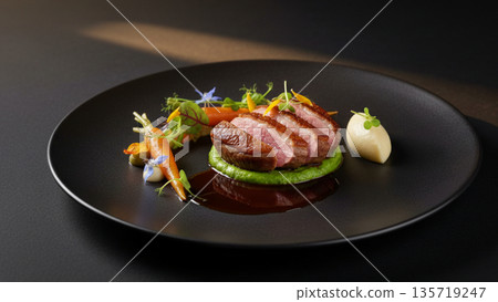 Fine Dining Steak Plated Elegantly on Black Plate 4k ai 135719247