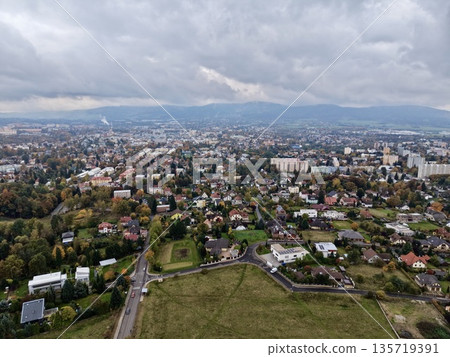 village scene with lush surroundings, serene rural landscape with clustered dwellings and fields 135719391