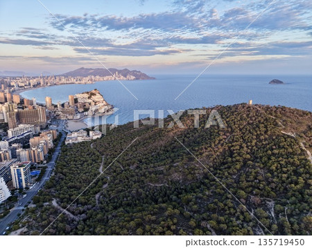 tranquil ocean vista, peaceful maritime landscape featuring forested heights and distant landmass 135719450