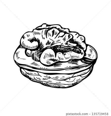 Cracked walnut monochrome vector isolated illustration. Partially peeled dried nut etching drawing. Healthy organic food ingredient for culinary blogs, cooking books, recipes 135719458