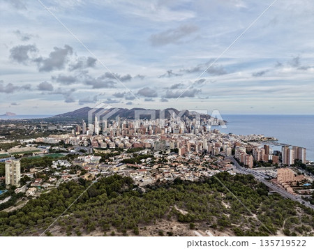 hilltop shot of vibrant coastal metropolis, expansive aerial image capturing shoreline and urban sprawl 135719522