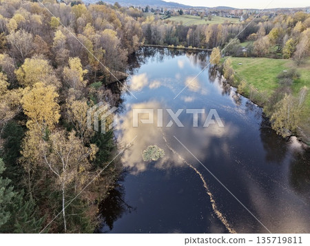 reflective lake mirrored by gentle clouds, silent shoreline framed by leafless trees and calm ripples 135719811