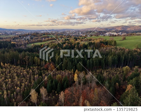 evening rural landscape, golden hour illuminating rural fields and distant forest boundaries evening rural landscape, golden hour illuminating rural fields and distant forest boundaries 135719825