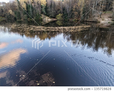 mirrorlike water surface, scattered clouds and overhanging trees reflected on rippling water surface 135719828