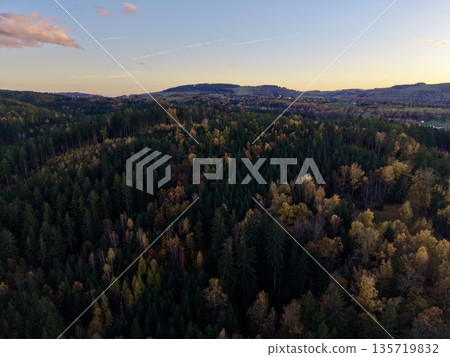 twilight woodland with lush greenery, calm mountain ridge cloaked in evening light and tranquility twilight woodland with lush greenery, calm mountain ridge cloaked in evening light and tranquility 135719832