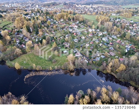 small lakeside community with gardens, overview of cozy lakeside hamlet with surrounding greenery 135719846
