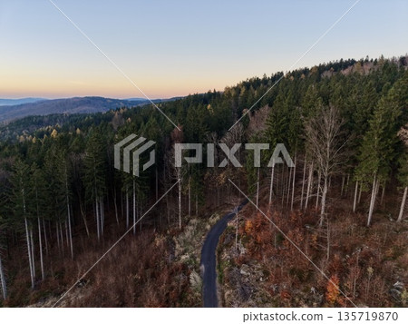aerial perspective showcasing twisting highway passing through forested landscape during sunset aerial perspective showcasing twisting highway passing through forested landscape during sunset 135719870