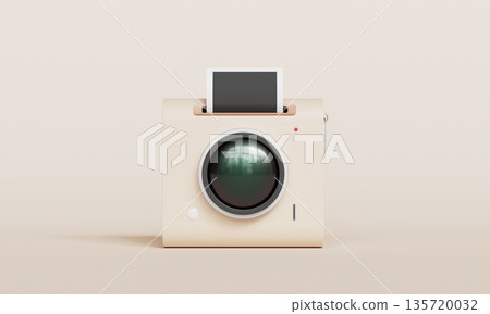 Retro Style Cute Instant Camera with Ejecting Photo. 3D Rendering. Retro Style Cute Instant Camera with Ejecting Photo. 3D Rendering. 135720032