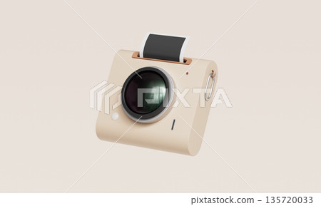 Retro Style Cute Instant Camera with Ejecting Photo. 3D Rendering. Retro Style Cute Instant Camera with Ejecting Photo. 3D Rendering. 135720033