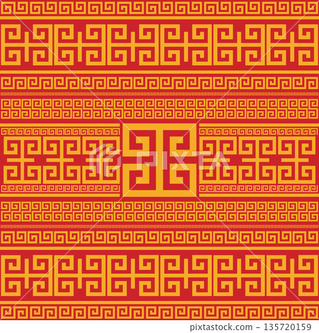 Traditional Chinese Geometric Border Pattern in Red and Gold Traditional Chinese Geometric Border Pattern in Red and Gold 135720159