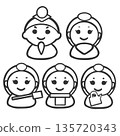 Cute line drawing of a boy and girl dolls and three court ladies for Hinamatsuri 135720343