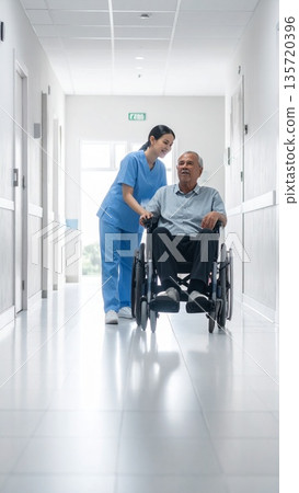 Elderly people in wheelchairs at nursing homes 135720396