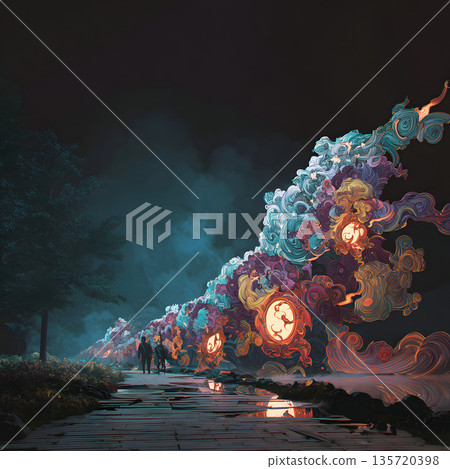 A fantastical luminous object that appears in the forest at night. Fantasy art that symbolizes the inner world and change. 135720398