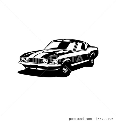 American muscle car logo illustrated from the front with monochrome vector design. Isolated on white background. Perfect for logo, badge, emblem, icon, sticker design. Available in eps 10. 135720496