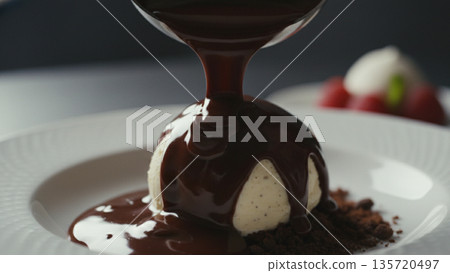 Rich Chocolate Sauce Poured over Elegant Dessert Close Up 4k ai 135720497