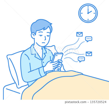 Illustration of a man who can't sleep because he's looking at his smartphone in the middle of the night (image of insomnia and digital addiction) 135720524