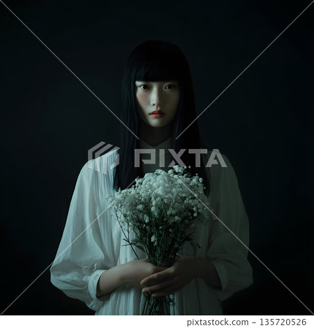 A woman holding a bouquet of white flowers. A portrait that expresses separation, loss, and quiet sadness. 135720526