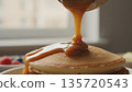 Sweet Syrup Pouring on Fluffy Pancakes Breakfast Scene 4k ai 135720543