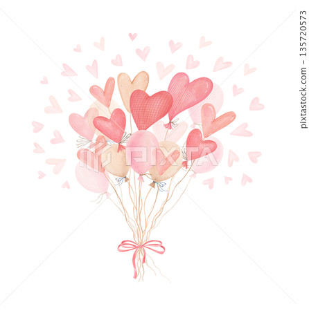 Watercolor heart balloons bouquet with pink bow isolated on white. Hand-drawn romantic Valentine clipart in soft pastel colors. Watercolor heart balloons bouquet with pink bow isolated on white. Hand-drawn romantic Valentine clipart in soft pastel colors. 135720573