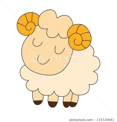 Adorable cartoon illustration of a fluffy sheep or ram with curved yellow horns and a peaceful smiling expression 135720641