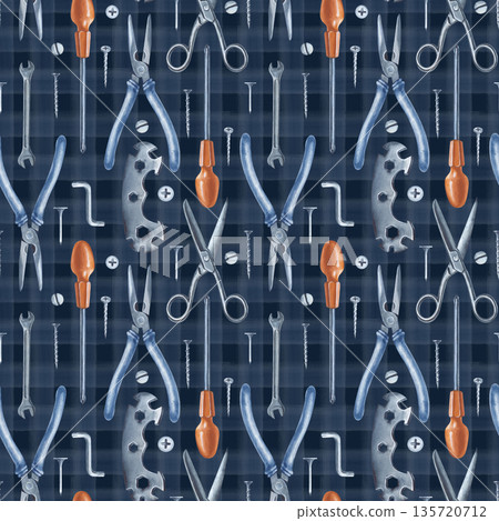 Seamless vertical drawing with working tools on a dark background in a cage. Watercolor illustration with realistic iron tools for home renovation. A template for the design of construction and repair Seamless vertical drawing with working tools on a dark background in a cage. Watercolor illustration with realistic iron tools for home renovation. A template for the design of construction and repair 135720712