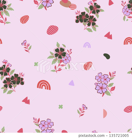 Decorative seamless pattern featuring hand drawn doodle flowers and abstract rainbows for nursery textile print and packaging design background. Decorative seamless pattern featuring hand drawn doodle flowers and abstract rainbows for nursery textile print and packaging design background. 135721005