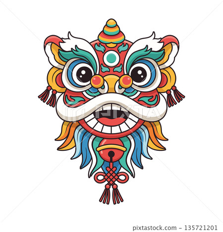 Chinese Lion Dance Head Colorful Traditional Festival, Vector Illustration 135721201