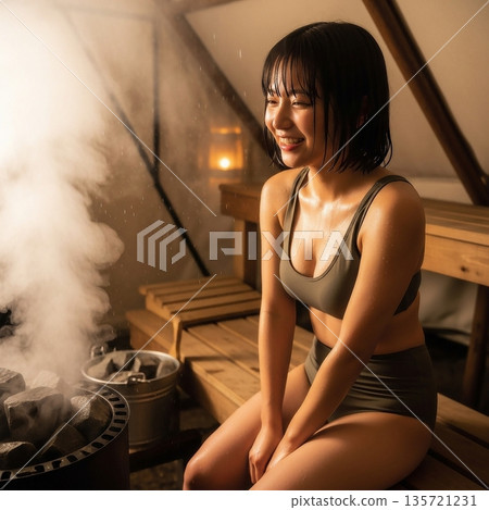 年輕女子身穿比基尼在帳篷桑拿房裡汗流浹背 135721231