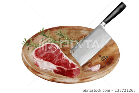 Watercolor illustration of a raw ribeye beef steak on a wooden cutting board with a meat cleaver, rosemary, garlic, and peppercorns. Realistic food art isolated on white background. Detailed hand 135721263
