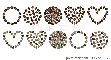 Circle and Heart shape Frame border and fill backdrop of Coffee bens Minimal Flat design element Set. Isolated Vector illustration Coffee Related Content Social media post Promo Banner, leaflet, label 135721307
