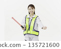 A young Japanese woman wearing work clothes with a safety belt and holding an emergency exit sign on a white background 135721600