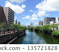 A view of the Ooka River from Sumiyoshi Bridge, reflecting the blue sky, clouds, and greenery 135721828