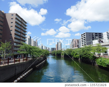 A view of the Ooka River from Sumiyoshi Bridge, reflecting the blue sky, clouds, and greenery A view of the Ooka River from Sumiyoshi Bridge, reflecting the blue sky, clouds, and greenery 135721828