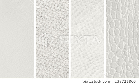 Color of the Year 2026 Cloud Dancer collage. Minimalist collage, white, soft ivory surface textures leather. Collection of embossed, quilted leather, natural trendy background for design. Copy space 135721866