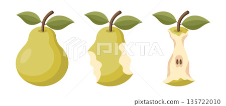 Juicy green pear eating steps icon set. Stages of an eaten pear, whole, bitten and core. Illustration. Juicy green pear eating steps icon set. Stages of an eaten pear, whole, bitten and core. Illustration. 135722010