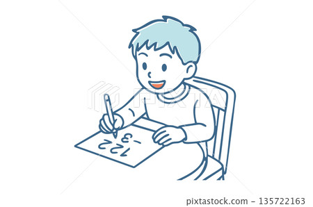 圖解：一個面帶微笑的男孩在書桌前學習算術（做作業）（學習，家庭學習，教育，小學生） 135722163