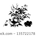 Isolated Floral Bouquet Silhouette on White, Black Botanical Flower Arrangement Vector Clipart for Wedding Design 135722178