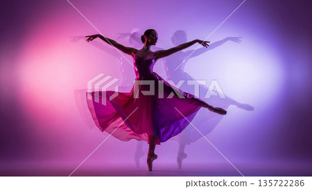 Elegant Silhouette Ballerina Dancing in Motion Blur with Glossy Dress Texture and Vibrant Pink Purple Lighting 135722286