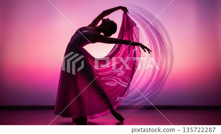 Elegant Silhouette Ballerina Dancing in Motion Blur with Glossy Dress Texture and Vibrant Pink Purple Lighting Elegant Silhouette Ballerina Dancing in Motion Blur with Glossy Dress Texture and Vibrant Pink Purple Lighting 135722287