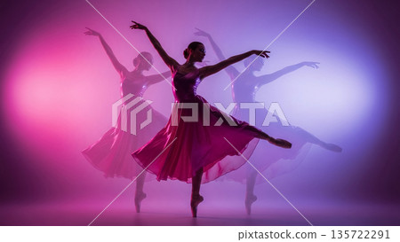 Elegant Silhouette Ballerina Dancing in Motion Blur with Glossy Dress Texture and Vibrant Pink Purple Lighting Elegant Silhouette Ballerina Dancing in Motion Blur with Glossy Dress Texture and Vibrant Pink Purple Lighting 135722291